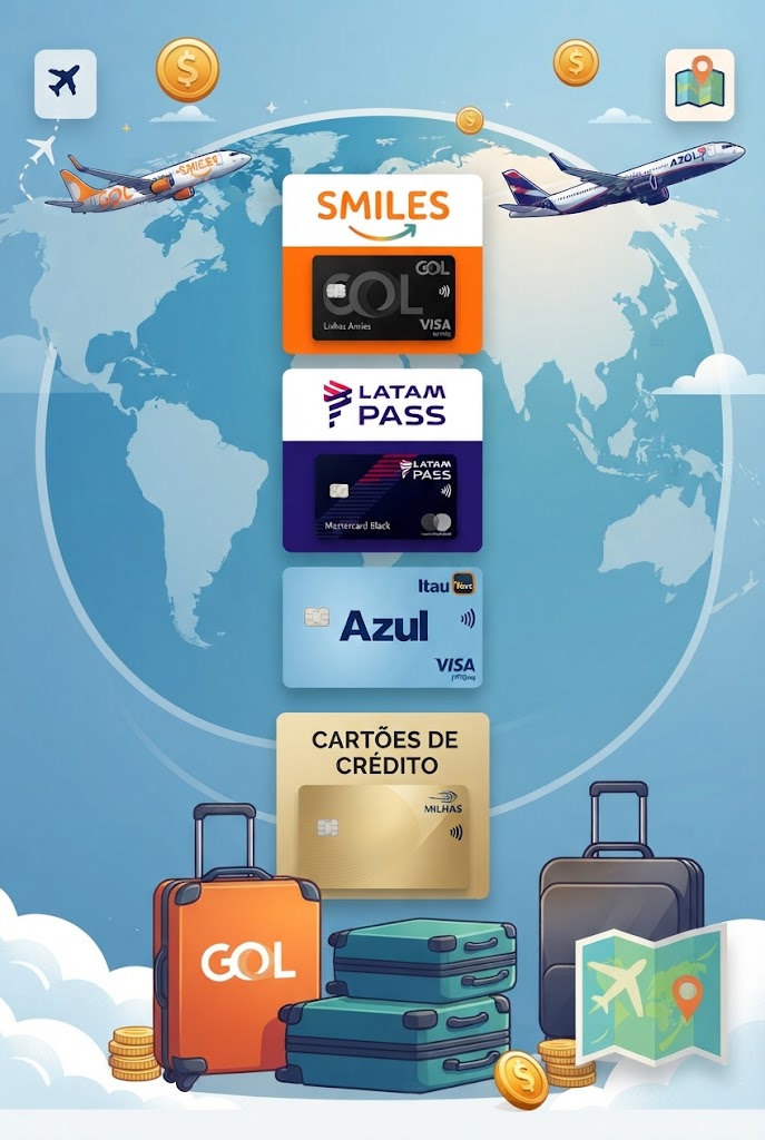Cartões de crédito de milhas, aviões, malas e mapa sobre um globo — os programas Smiles, LatamPass e Azul Fidelidade